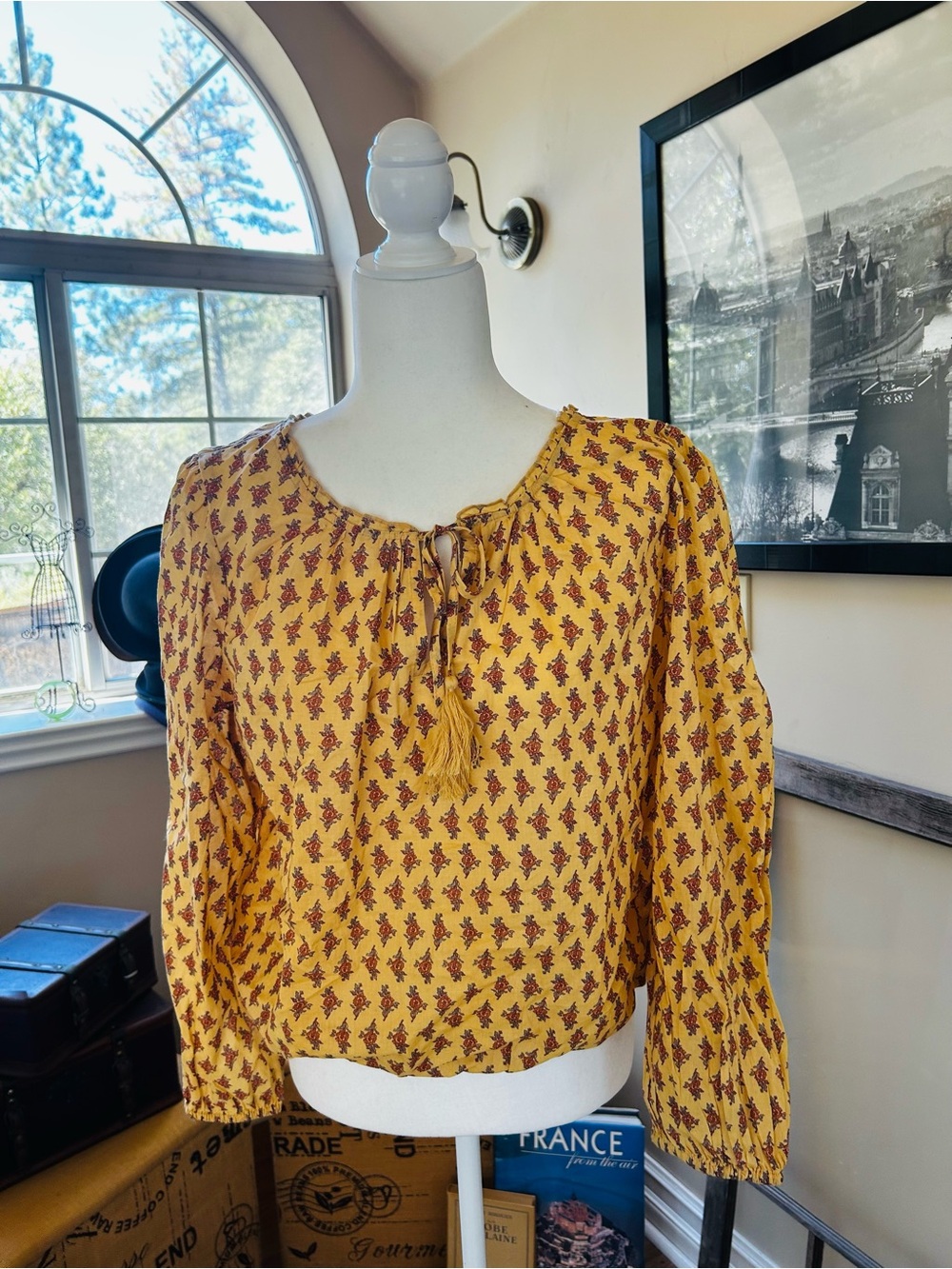 Lucky Brand Mustard Yellow Boho Tie-Neck Blouse with Red Motif
